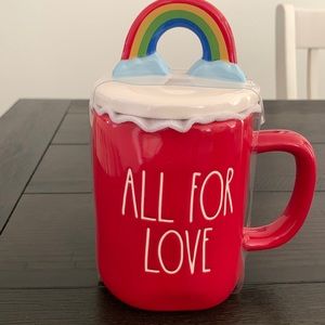 Rae Dunn all for love mug with rainbow topper